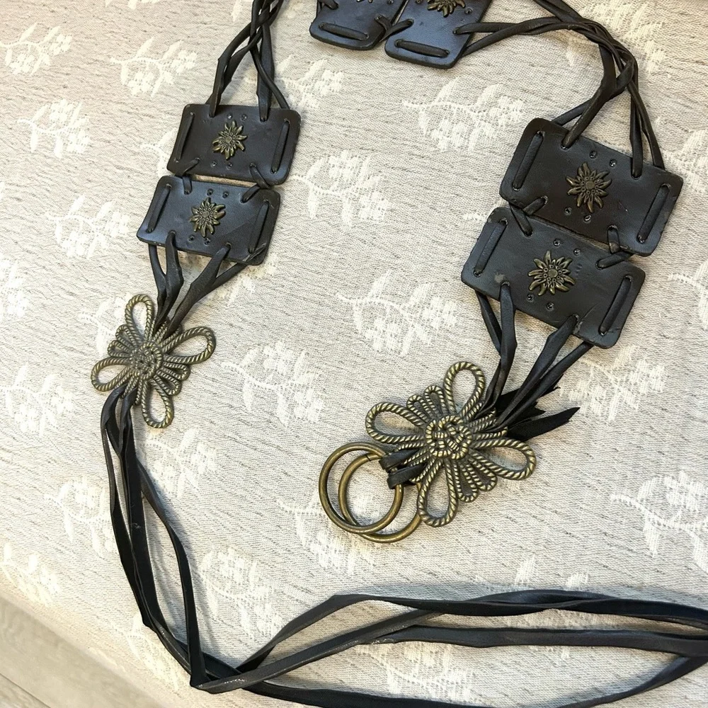 Leather Belt Tie Chord Antique Brass Finish Inlay Boho Chic Tribal Dark Brown